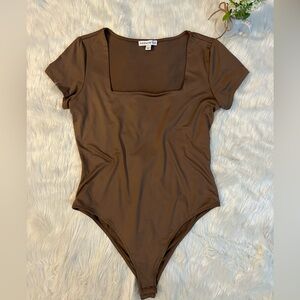 Brown Asymmetrical Fitted Short Sleeve Bodysuit